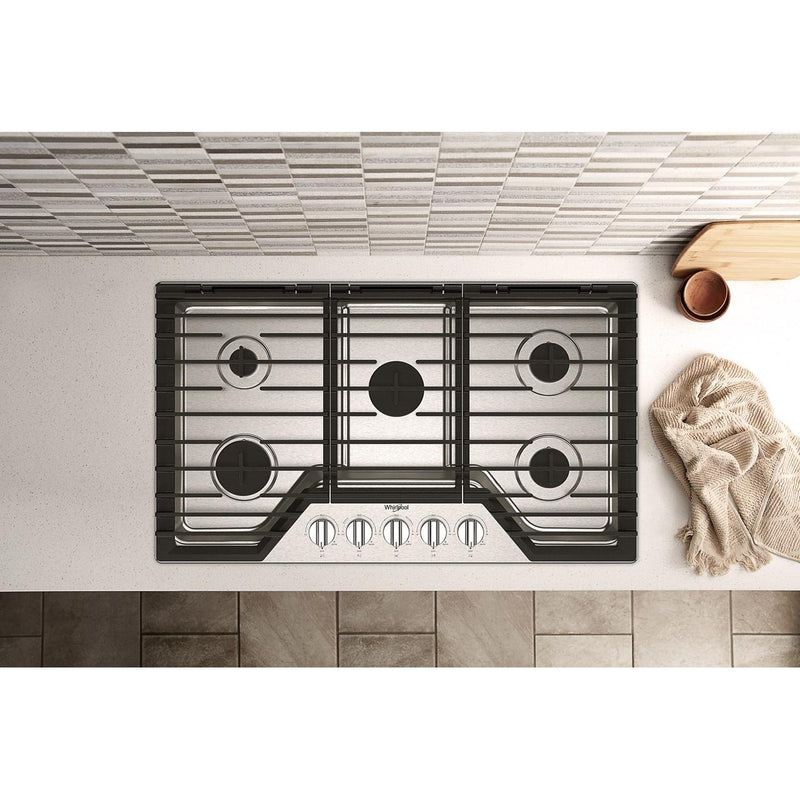 Whirlpool 36-inch Built-in Gas Cooktop with EZ-2-Lift™ Hinged Cast-Iron Grates WCGK5036PS IMAGE 7